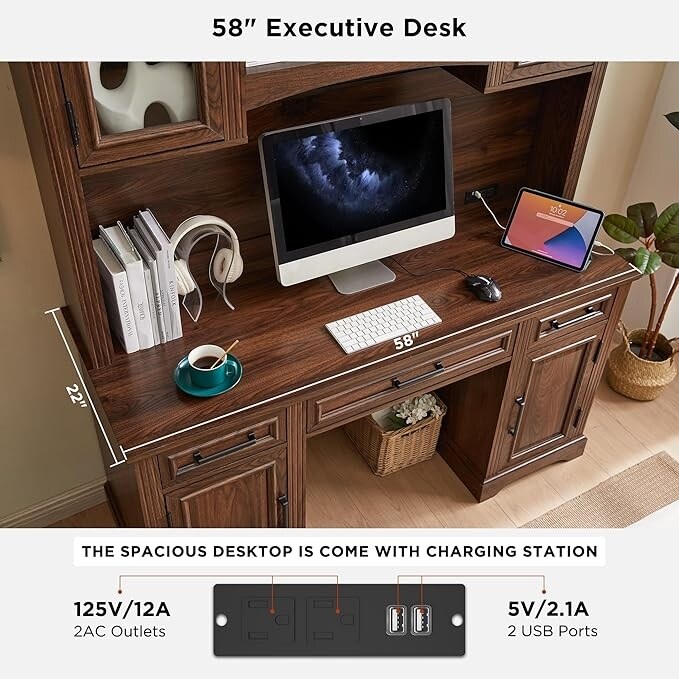 Farmhouse Computer Desk with Hutch,Office Desk with Charging